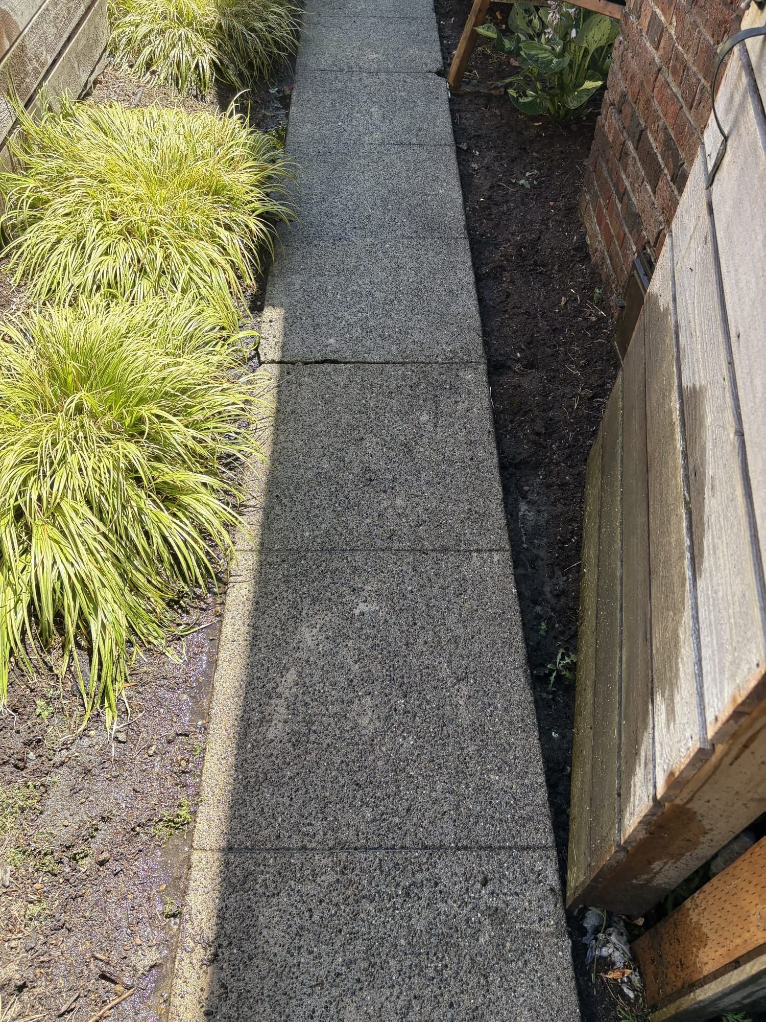 Same concrete walkway after pressure washing, clean and restored