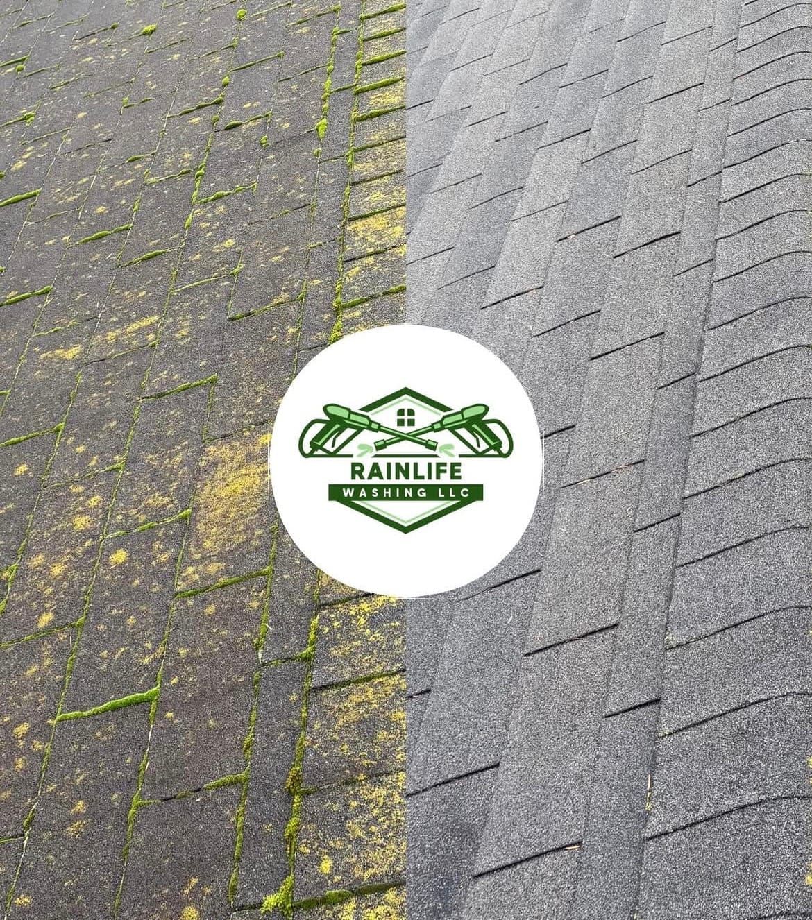 Shingle roof before and after soft wash cleaning